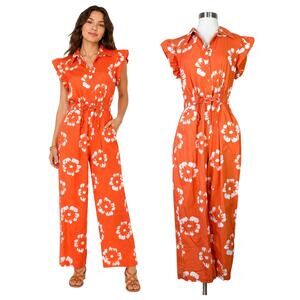 Busayo Collective | Floral Orange White Ruffle Sleeve Cotton Jumpsuit Size 6
